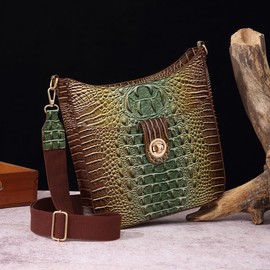 UBALDI Women Purse Satchel Bag Long Crossbody Classy Tote Bag Shoulder Purse Vegan Leather Ladies Handbags Embossed Pattern (Green Brown)