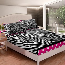 Kids Zebra Print Fitted Sheet Wild Animal Bed Sheet Set for Boys Girls Teens Bedroom Decor Wildlife Polka Dots Bedding Set Set Women Men Pink Black White Bed Cover With 2 Pillow Case Double