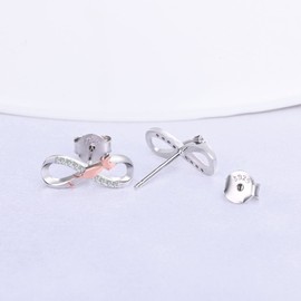 INFINIONLY Women's girl's Earrings Studs, 925 sterling silver earring stud, Cute rose gold cat jumping on the silver infinity symbol earrings, Double color plating process, Inlaid shiny zircon