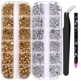 Gold Silver Half Round Pearl Nail Charms,2 Boxes Flatback Nail Beads with Pickup Pencil and Tweezers,Nail Pearls Rhinestones Kit for Nails Art Supplies Face Makeup and Crafting