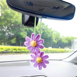 Crochet Flower Rear View Mirror Accessories, Chrysanthemum Car Mirror Hanging Accessories, Cute Car Accessories for Women Interior Car Hanging Ornament Car Decor/Bag Charms (Purple)