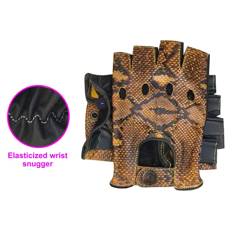 Fingerless Half-Finger Premium Driving/Cycling/Motorcycle Gloves in Real Leather 309, snake-black-yellow