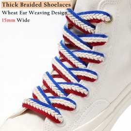 Handshop 2 pairs 3/5” flat braided shoe laces for sneakers, wide thick athletic shoelaces, cute replacement shoestrings Red White Blue 140