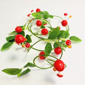 Artificial Cherry Mushroom Vines Fake Christmas Red Berry Leaf Hanging Garland for Wedding Home Garden Party Decor (Cherry Vine, 2 Pack)