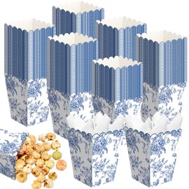 Gueevin 100 Pcs Floral Blue Popcorn Boxes with Scalloped Mini Paper Popcorn Box Bulk Floral Blue Party Favor for Movie Night Decorations Bridal Baby Shower Party Supplies