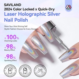 SAVILAND Holographic Nail Polish: Laser Silver Chrome Quick Dry Nail Polish Air Fast Dry Nail Polish Non Gel 0.34 OZ Castor Oil Fingernail Polish Shimmer Glitter Effect Toenail Polish Nail Art Home