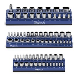 Olsa Tools Magnetic Socket Organizer | 3 Piece Socket Holder Kit | 1/2-inch, 3/8-inch, 1/4-inch Drive | Metric Blue | Holds 75 Sockets | Professional-Grade