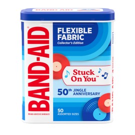 BAND-AID Brand Adhesive Bandages Flexible Fabric, Comfortable Sterile Protection & Wound Care for Minor Cuts & Burns, Jingle Anniversary Tin, Assorted Sizes, 50ct