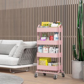 4-Tier Pink Rolling Cart,Metal Utility Rolling Cart with Handle,Multifunction Rolling Carts with Wheels,Kitchen Storage Carts Suitable for Office,Home,Kitchen,Garden（13.4"x18.1"x40"） Pink