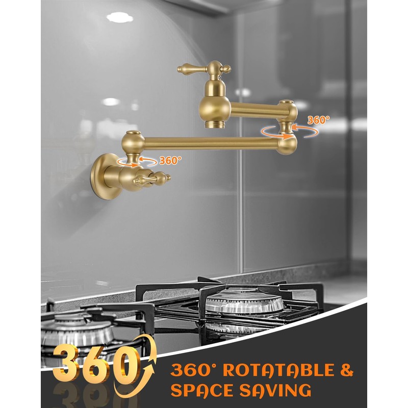 RALANDA Brass Pot Filler Faucet Gold, Dual Valve Wall Mount