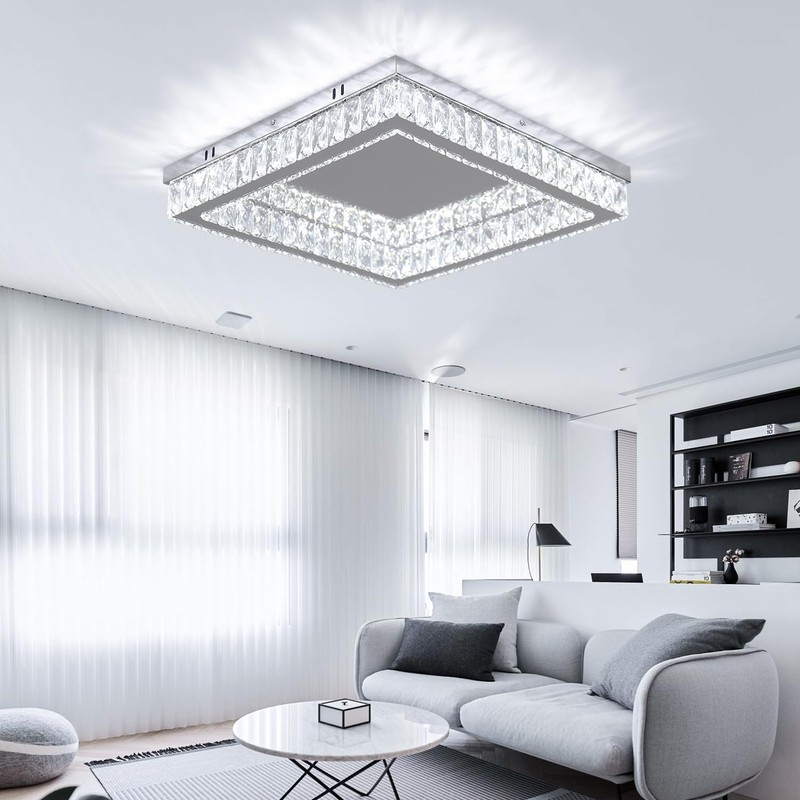 Finktonglan Square Crystal LED Flush Mount Ceiling Light, 17.7" Modern