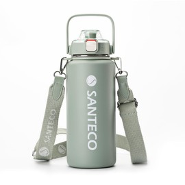 SANTECO Vacuum Insulated Sports Bottle, 3.2 gal (1.2 L), Removable Shoulder, Cold Retention, Thermos Flask, Straw Included, Direct Drinking, Suitable for Sports Drinks, Stylish, Wide Mouth, Ash Blue