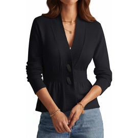 GraceSelect Black Cardigan for Women, Casual Shawl Lapel Peplum Sweater, Lightweight Button Down Outwear Jacket Coat