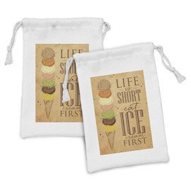 Ambesonne Saying Fabric Pouch Set of 2, Vintage Life is Short Eat Ice Cream First Typography with Colorful Scoops on Cone, Small Drawstring Bag for Toiletries Masks and Favors, 9" x 6", Multicolor
