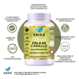 Cola Caballo Orgánica 500 Suplemento Alimenticio Diuretico Natural Retención Liquidos Adomen Plano Limpieza Riñones 120 Cápsulas Saisa Herbal