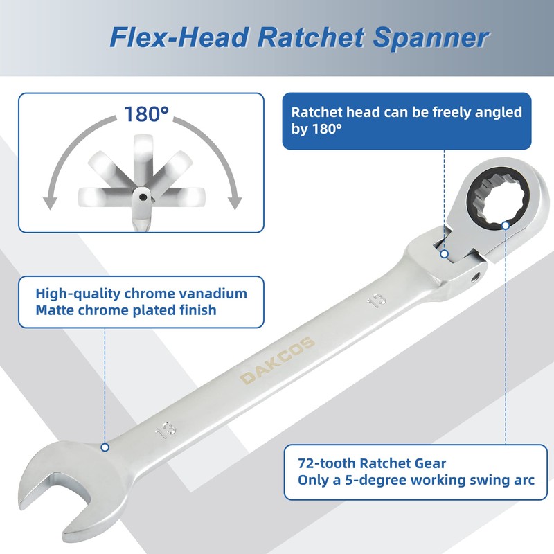DAKCOS 14mm Flexible Head Spanner Dual Heads Ratchet Combination Wrench