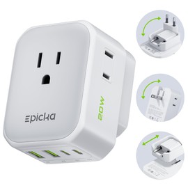 EPICKA Hybrid European Travel Plug Adapter, Foldabe & Detachable Type C (EU) Visa Plug, 8-IN-1 International Power Adapter with 4 USB Ports (2 USB-C PD 20W) - Travel Essentials for US to Europe, White