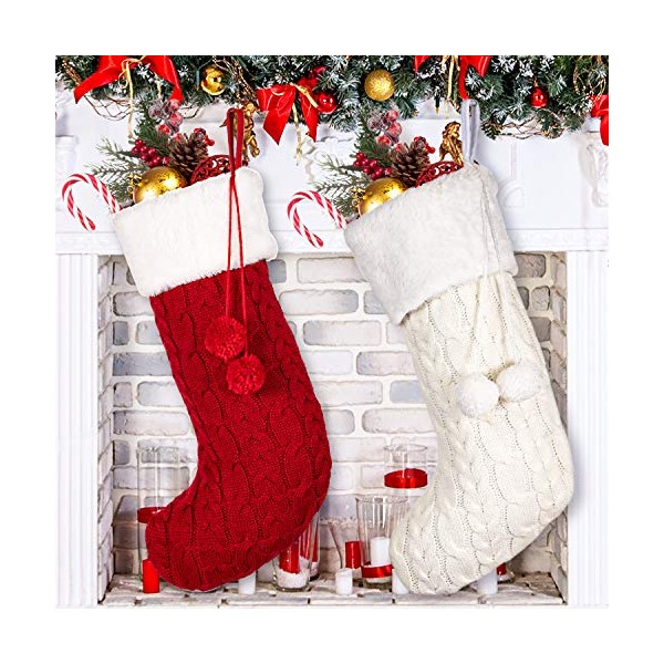 Whaline Knitted Christmas Stockings Large Size Xmas Hanging Stocking Red White Cable Knit Stocking Candy Gift Bags with Pompom for Family Christmas Holiday Decoration, 2 Pack