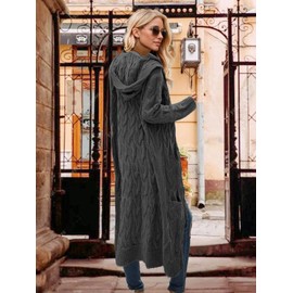 Lightweight Hooded Open Front Cardigan Sweaters for Women Oversized Cable Knit Sweaters Pocketed Trendy Long Cardigans Dark Gray