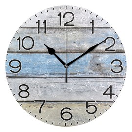 White and Blue Wood Texture Wall Clock Battery Operated Non Ticking Silent Quartz Analog Rustic Farmhouse Round Clock Retro Decor for Home Kitchen Living Room Bathroom
