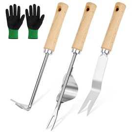Adiwo 3 PCS Stainless Steel Hand Weeder Tool, Manual Weeder Set, Weeding Tools with Long Handle, Dandelion Remover Tool, With Gloves for Garden Weeding, Transplanting, Rooting, And Soil Loosening