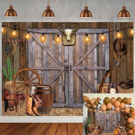 Western Cowboy Backdrop 8x6FT Western Party Decorations Banner Wild West Rustic Wooden Barn House Photography Background for Cowboy Theme Party Decoration Banner Photo Booth (96x72 inch)