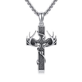 HUKKUN Cross Necklace for Men Sterling Silver Hunting Fishing Cross Pendant Matthew 4:19 Bible Verse Faith Christian Gift Religious Chain Fishermen Fishing