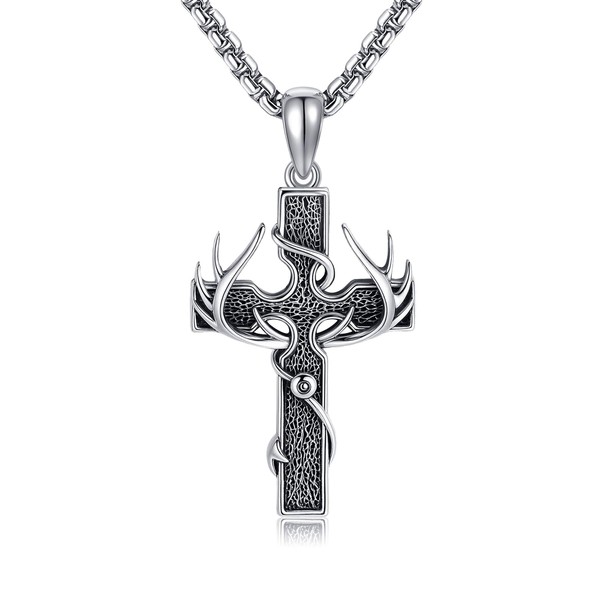 HUKKUN Cross Necklace for Men Sterling Silver Hunting Fishing Cross