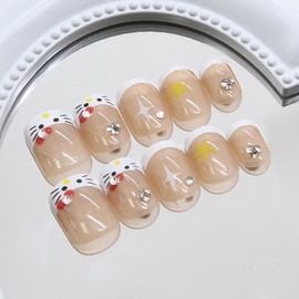French Tip False Nails - Short Square White Tip Nude Press On Nails With Kitty Star Rhinestones - Removable Glossy Classic French False Nails With Glue Long Lasting For Women Nails Art DIY Accessorie