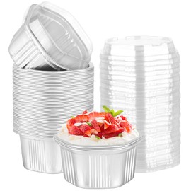 Beasea Disposable Baking Cups with Lids, 50 Pack 20oz 598ml Aluminum Foil Ramekins Pans Hexagon Individual Cupcake Desserts Containers Creme Brulee Pudding Souffle Oven Tins for Party - Silver