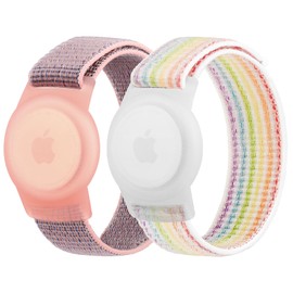 Meliya Nylon AirTag Bracelet for Kids, 2 Pack Nylon Watch Bands Compatible with AirTag, Adjustable Anti Lost Wristband for Toddler Child Elders Small Large (Pink Sand+Rainbow, Large (5.1"-7.4"))