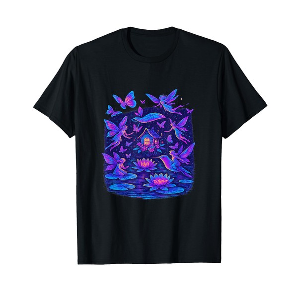 Fairy Around Cottage With Hummingbird Butterflies Lily Pond T-Shirt