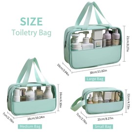 Travel Toiletry Bag 3 Pack/Size Waterproof Clear PVC and PU Splicing Cosmetic Bag Hanging Makeup Organizer Bag Portable Travel Bag for Bathroom, Vacation (Mint Green)