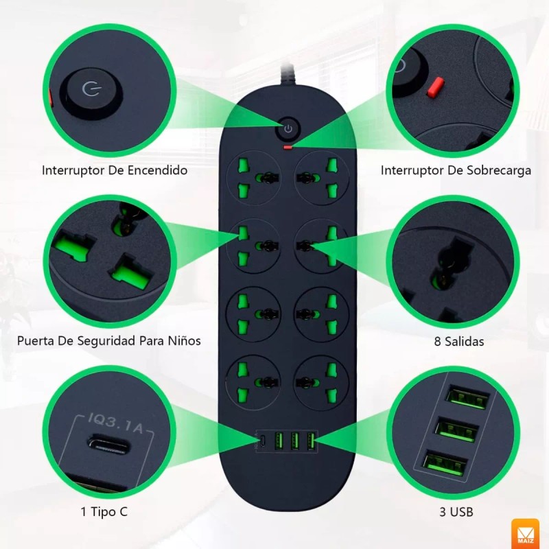 Maíz Multicontacto Cargador Barra Usb Supresor Picos Escritorio