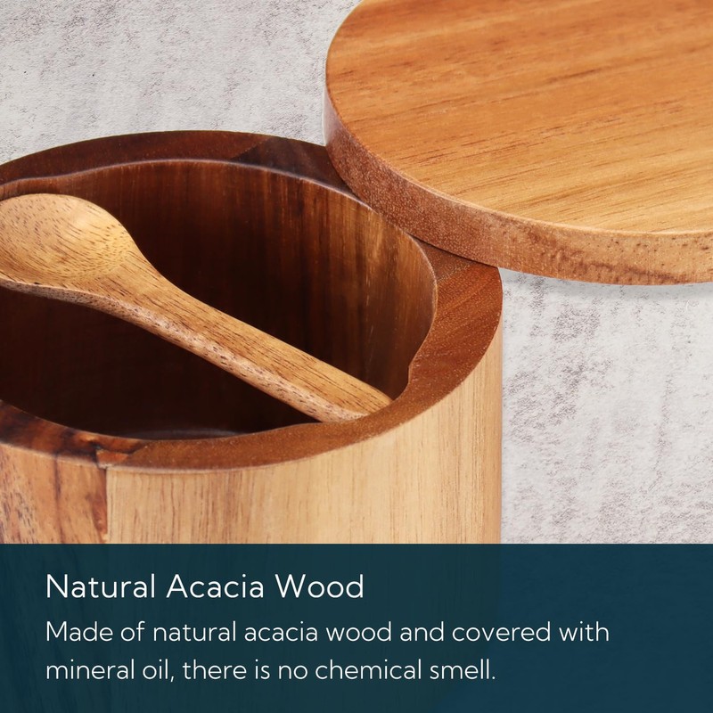 KITCHENDAO Acacia Wood Salt Cellar Bowl Box with Built-in Spoon