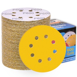 100Pcs Sanding Discs 5 Inch 8 Hole 600-Grit Hook and Loop Sandpaper Pads Orbital Sander Sandpaper Gold Sanding Disc for Woodworking Hardwood Automotive Finishing Discs-ALPXUXP