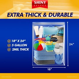 Shiny Select 5 Gallon X-Large Storage Bags, 18”x24”, 100 Count – Big Clear Plastic Bag, Resealable Zip & Lock Top for Freezer, Food, Towels, Toiletries, Camping Gears, Seasonal Clothing, Pantry Items