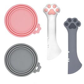 SJANE Cat Food Can Spoons & Can Lids | 4 Pcs | Multi-Function Can Opener | Silicone Pet Food Can Covers | Cute Paw Shape Wet Food Spoon for Cats and Dogs(Pink+Grey)