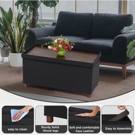 Dorriss Ottoman Storage Bench with Tray - Bedroom Foot Stool & Coffee Table Lid - Black Leather, 30" Inch