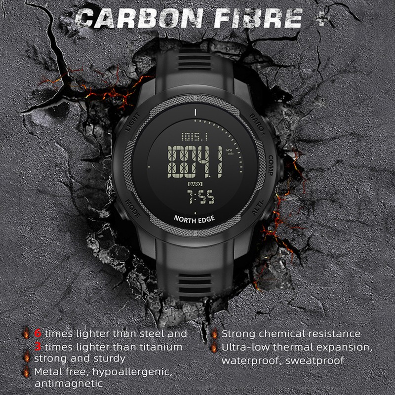 Men's Carbon Fiber Outdoor Sports Digital Watch Compass Altimeter Barometer