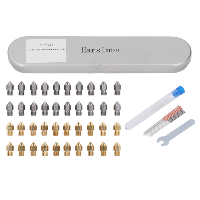 52Pcs 3D Printer Nozzle Stainless Steel Brass with Cleaning Tool