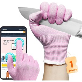 JDL Cut Resistant Gloves with Touch Screen, 3D-Comfort Stretch Fit, Firm Grip, Suitable For Oyster Shucking, Mandoline Slicing, Meat Cutting, Kitchen Protection, Pink Large 2 Pack