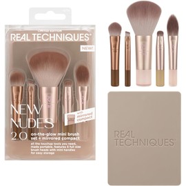 Real Techniques Nuevo kit de mini brochas Nudes On The Glow, set de 6 piezas con espejo compacto, set de brochas de maquillaje de viaje para contorno, corrector, rubor y sombra de ojos, libre de cruel