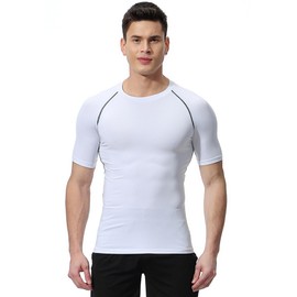 LOMGXIU Men's Compression Baselayer Athletic Workout T Shirts, White (Black Line), Pack of 1,M