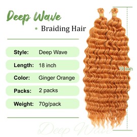 Eerya Long Curly Braiding Hair 18 Inch 2 Packs Ginger Orange Deep Ocean Wave Crochet Hair for Black Women Deep Wave Braiding Hair for Boho Braids (18 inch, Ginger orange)