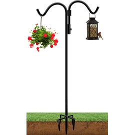 AnBaiMei 92 Inch Double Shepherds Hook for Outdoor with 5 Prong Base, Adjustable Heavy Duty Bird Feeder Pole for Hanging Flower Basket, Plant Hanger, Solar Light Lanterns, Black