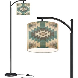Modern Arc Floor Lamp with Dimmer Mid Century tribal seamless Native American ornament Ethnic South Western decor Metal Standing Lamp with Linen Shade Footswitch for Living Room Bedroom Office