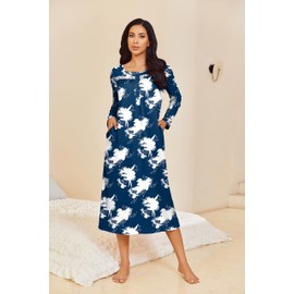 Ekouaer Long Sleeve Nightgowns for Women Long Sleepshirts Button Night Gowns Full Length Sleepwear with PocketsFloral Navy BlueXL
