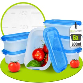idea-station food storage containers 6 pieces - 600 ml - stackable freezer storage boxes - shatterproof plastic food containers with lids - food-safe and BPA-free