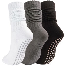 SHRFLASH Grip Pilates Socks for Women, Non Slip Yoga Slouch Socks with Gripper, Long Scrunch Tall Crew Sock for Ballet Hospital White Black